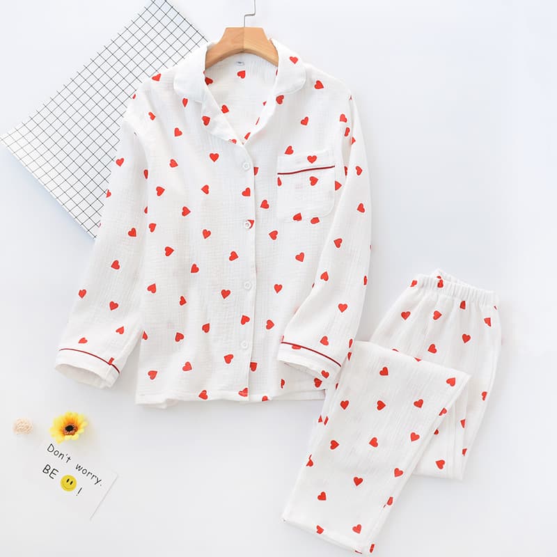 New Spring Summer Autumn Pure Cotton Yarn Women's Pajamas Turn-down Collar Cute Little Heart Long Sleeve Long Pants Homewear Set