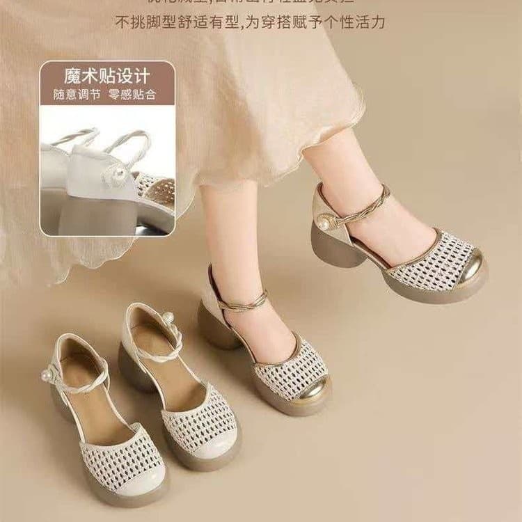 Thick-Soled Hollow Sandals for Women 2026 Summer New Retro Comfortable Closed-Toe Sandals Women's One-Strap Roman Sandals