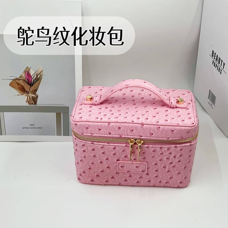 Cross-border New Ostrich Pattern Makeup Bag Premium Handheld Leather Cosmetic Bag Cosmetics Storage Toiletry Small Square Bag