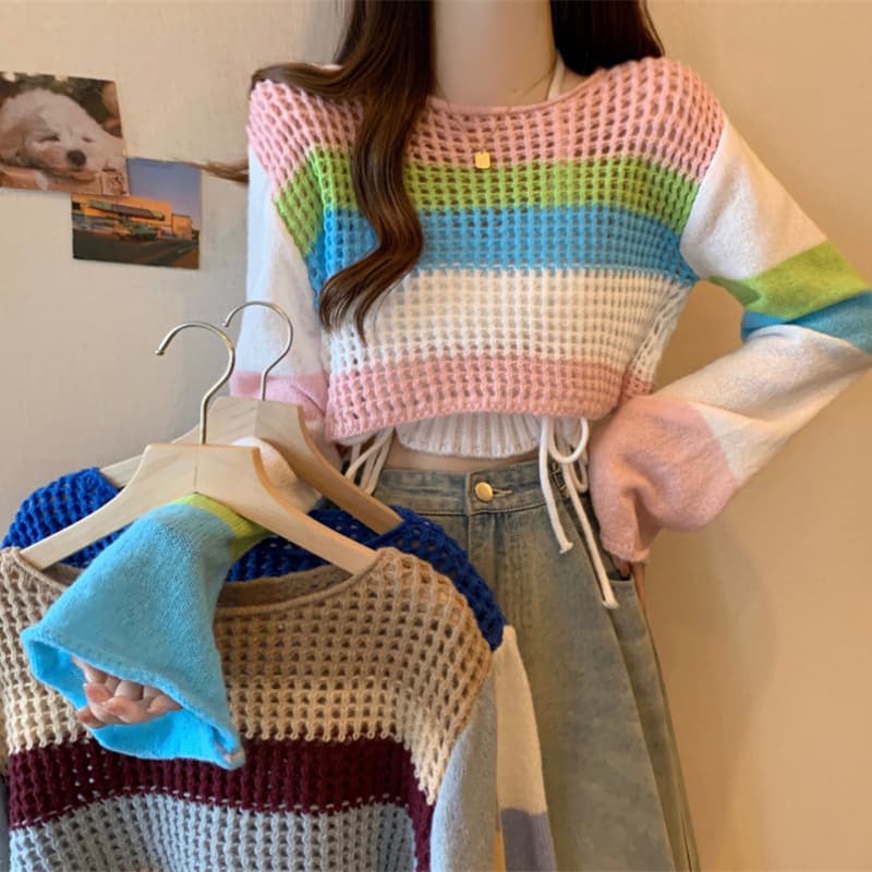 2024 Trendy Korean Summer Hollow Long-Sleeve Knit Top with Halter Vest Two-Piece Set for Women