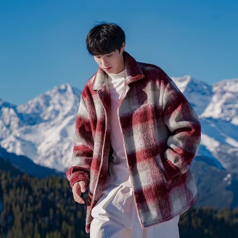 Japanese Plaid Wool Coat Men Autumn Winter 2025 New Retro Trendy Cool Loose Short Wool Outerwear