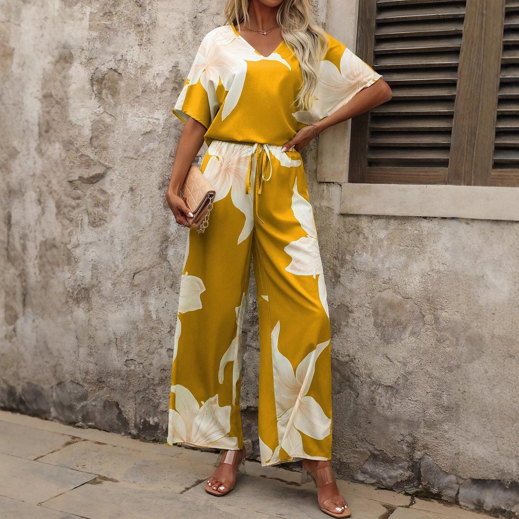2025 European and American Cross-Border Amazon Independent Station Spring Summer New Printed Fashion Casual Women's T-Shirt and Pants Set