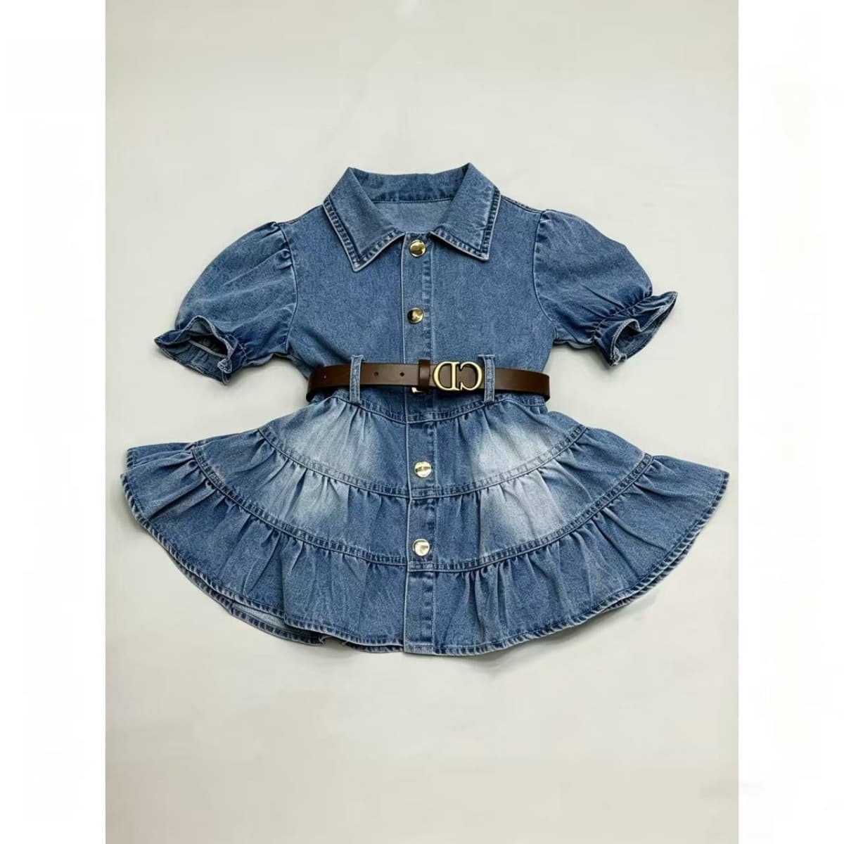 Girls Denim Dress 2026 Children's Fashionable Turn-down Collar Summer New Style Shirt Dress with Waist-cinching and Puffy Skirt