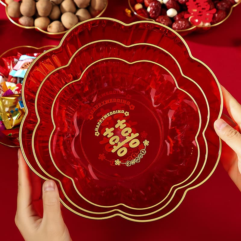 Wedding Fruit Tray Red Transparent Candy Plate Decoration Engagement Party Living Room Ornament Dried Fruit Nut Coffee Table Display
