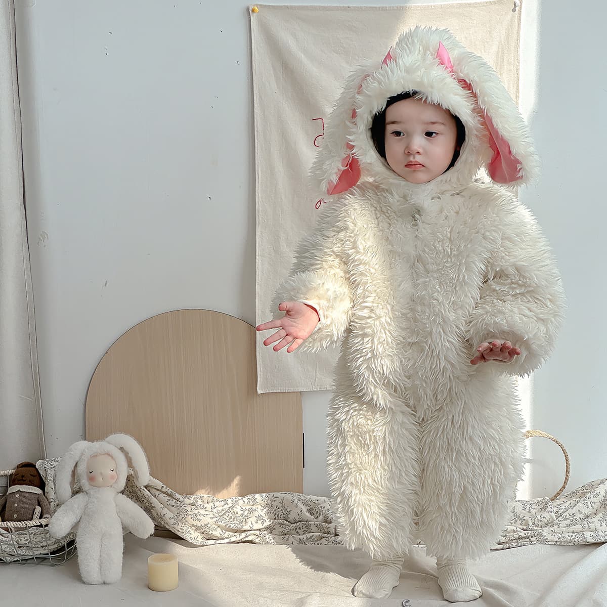 Dianxi Infant Romper Autumn Winter Cotton Coat for Baby Girls Furry Outdoor Wear Winter Lined Crawling Suit with Hat