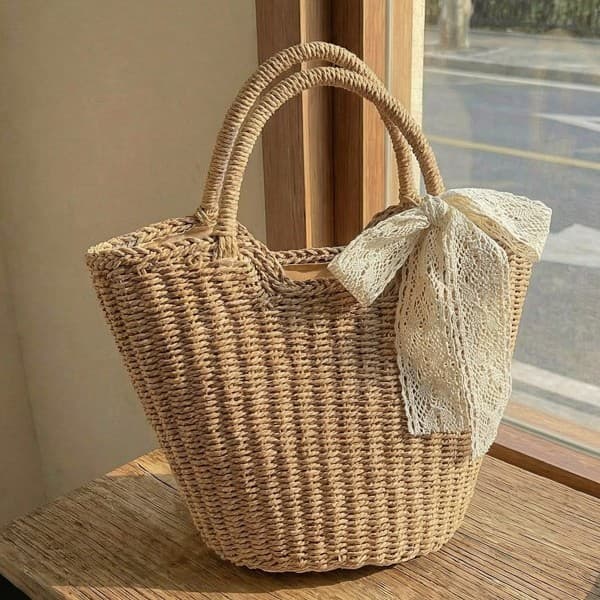 Cross-border silk scarf vegetable basket bag for women hand-woven bucket bag 2026 summer new large-capacity straw beach bag