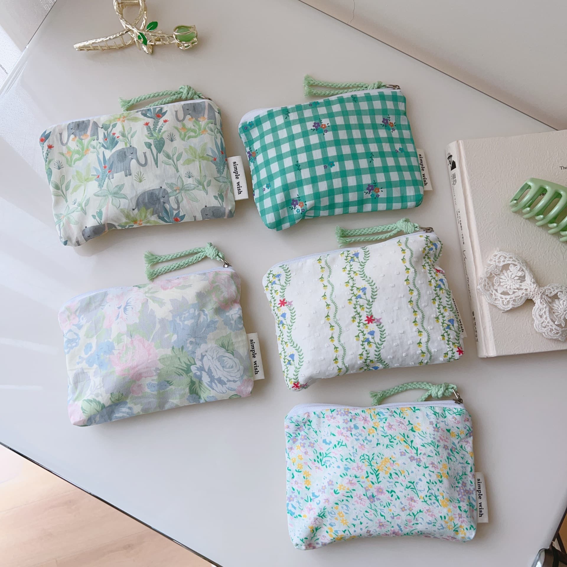 Suxi Cloth Bag - Spring/Summer Fresh Plaid Green Leaf Print Cotton Coin Pouch Menstrual Bag Mini Small Cloth Bag