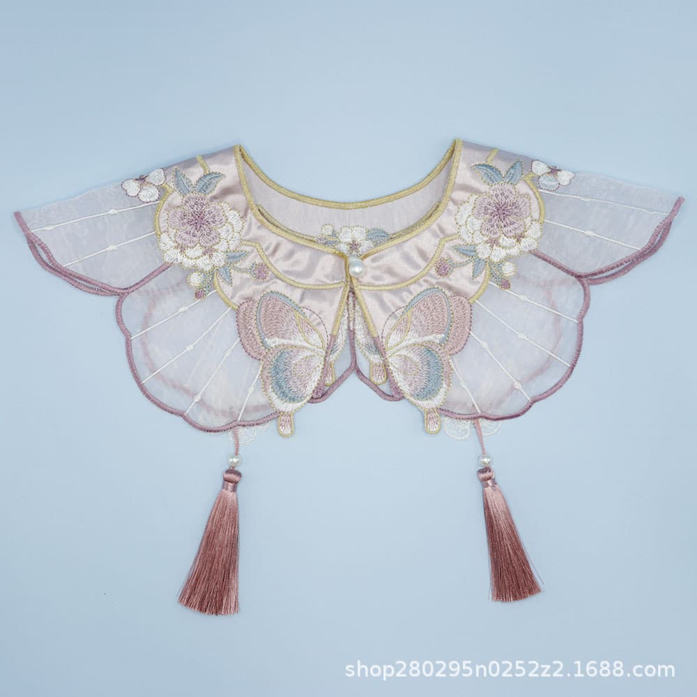 Pink-Purple Butterfly Floral Embroidery Cloud Collar, Pearl Button Tassel Hanfu Shawl Detachable Collar, Clothing Accessory Collar Flower