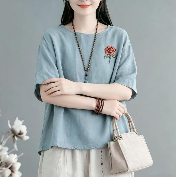 New Summer Vintage Embroidery Short Sleeve Cotton Linen Blouse for Women, Cross-Border Ethnic Style Round Neck Cotton T-Shirt