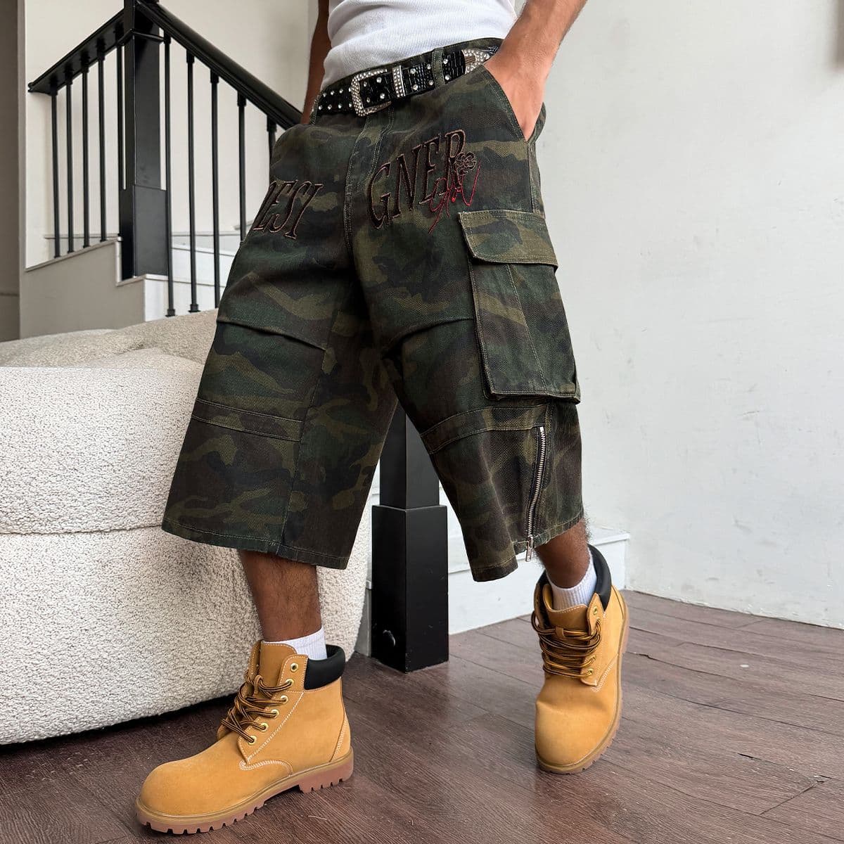 American cross-border camouflage workwear cropped pants for men, loose high street trendy pocket shorts, summer casual wide-leg pants