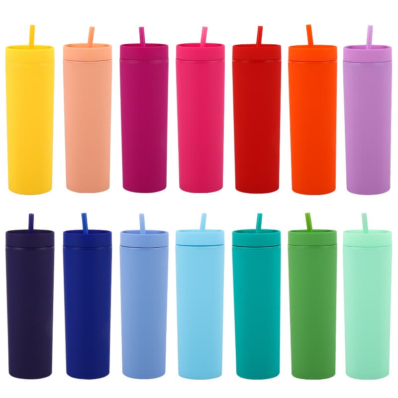 16oz double-layer plastic straw cup, outdoor sports accompanying coffee cup, large capacity, portable straight cup, portable
