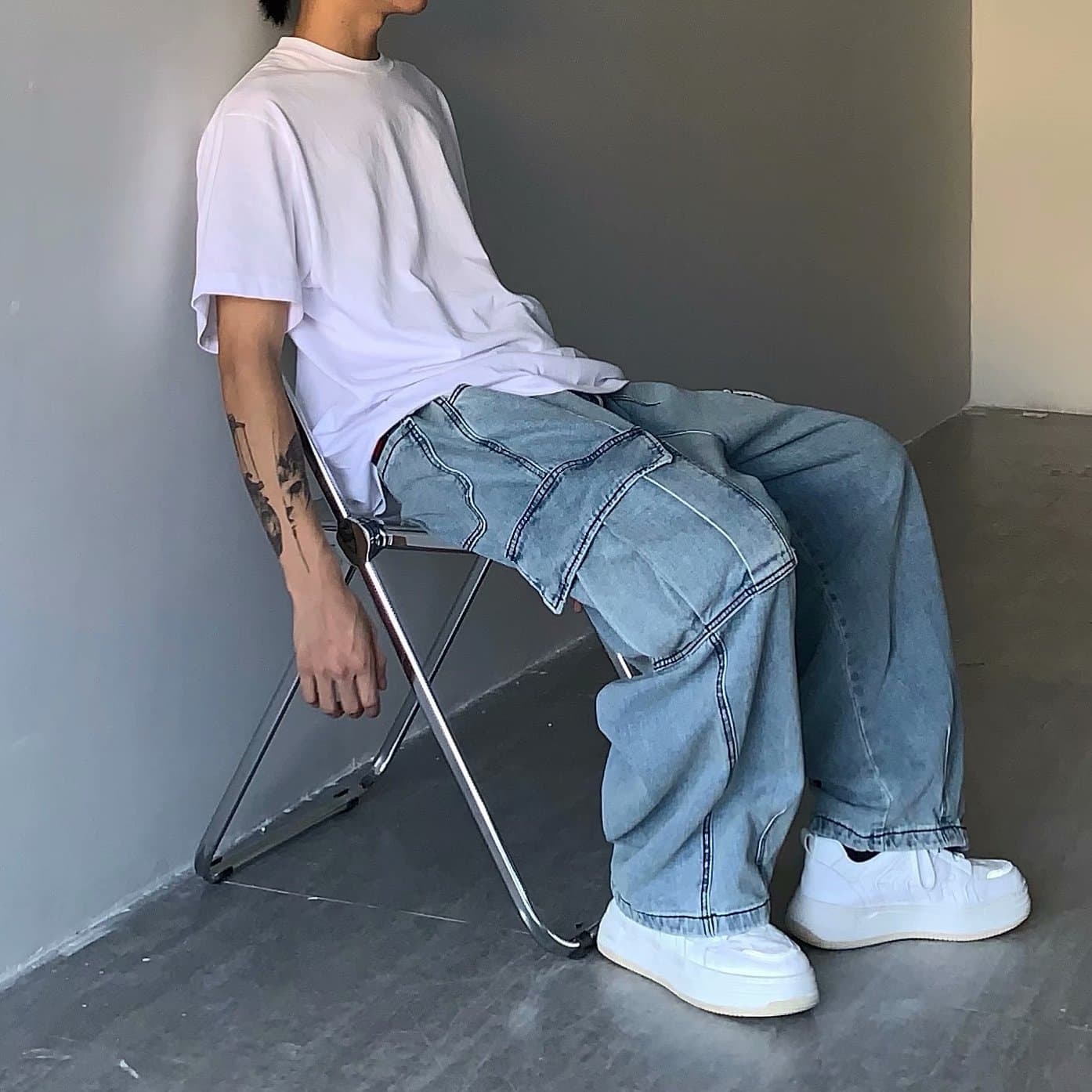 Cargo Pants Hip Hop Dropped Crotch Wide Leg Jeans Men's Fashion Loose Straight Fall Winter Retro Straight Leg Pants