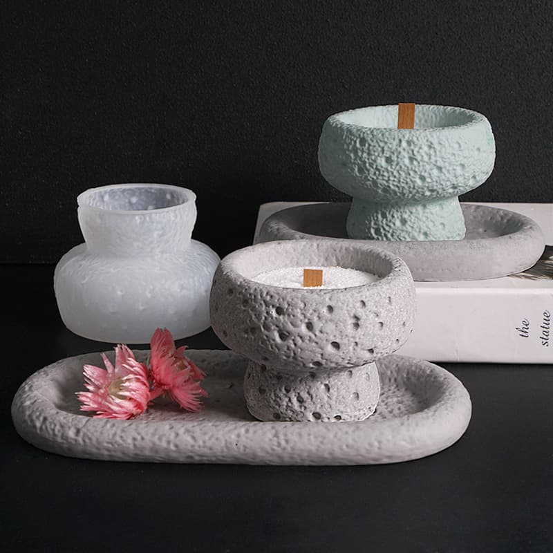 Stone Texture Tray Candle Cup Silicone Mold Volcanic Rock Pattern Cement Plaster DIY Candle Holder Tray Silicone Mold