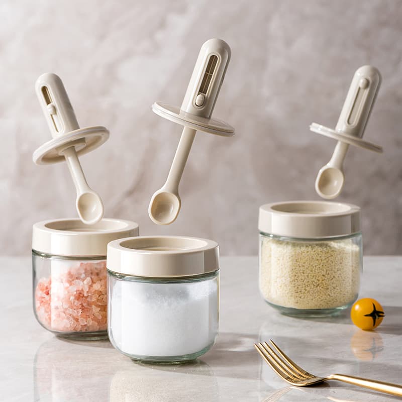 New Adjustable Seasoning Bottle Organizer, Salt Shaker with Glass Body, Integrated Spoon Lid, Airtight and Moisture-Proof Kitchen Storage for Home Use