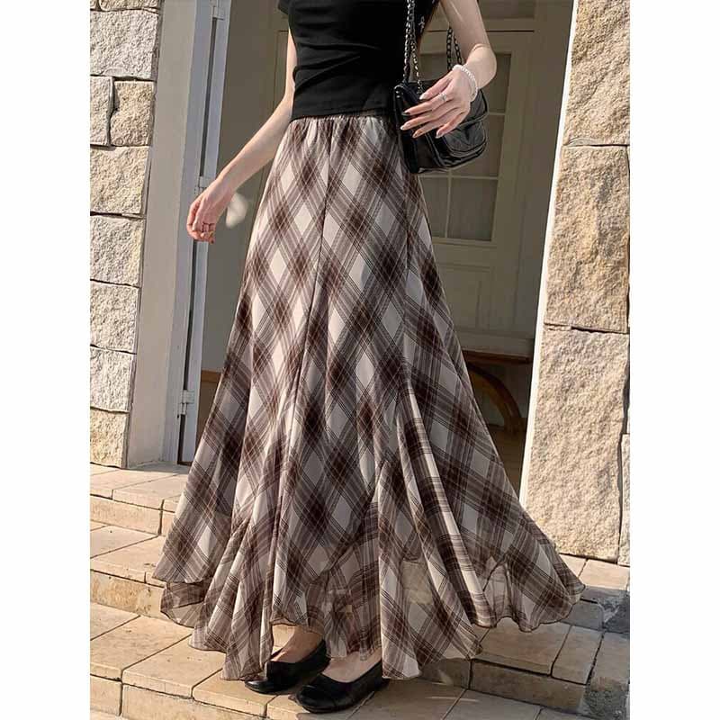 Irregular Mesh Grid Skirt Women Summer New Casual High Waist Slimming Flowing A-Line Wide Swing Skirt Long Skirt