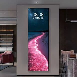 Starry sea entrance decorative painting with clock, wave living room dining room, perpetual calendar electronic clock wall lamp hanging painting