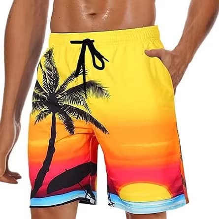 Men's Beach Shorts, Cool and Quick-Dry Loose Sports Shorts, Colorful Coconut Tree 3D Print Beach Shorts, Knee-Length Shorts