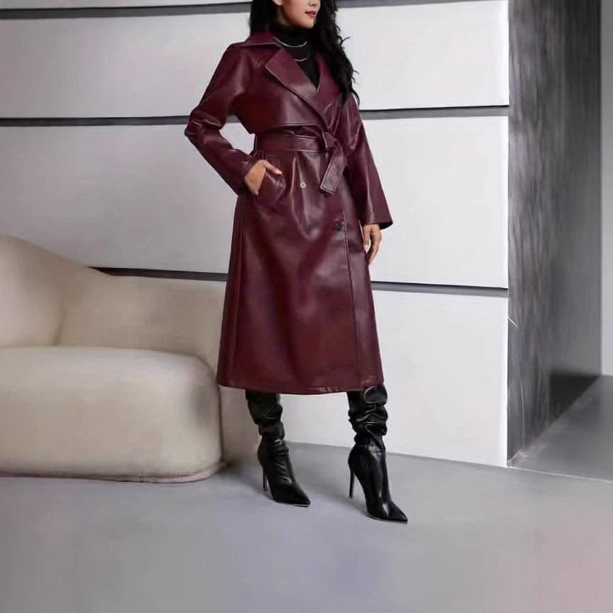 Long-Sleeve Women's Solid PU Leather Notched Lapel Double-Breasted Long Elegant Coat