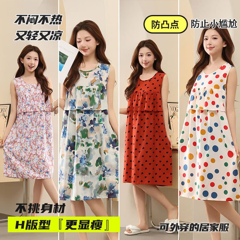 Loose Cotton Silk Sleepwear Women's Sleeveless Dress Home Clothes Artificial Cotton Nightgown Comfortable Summer Size Plus
