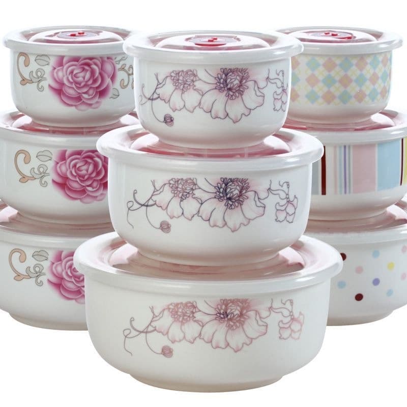Microwaveable food storage bowl set, ceramic bowl with lid, large size, household airtight container, three-piece set, wholesale.