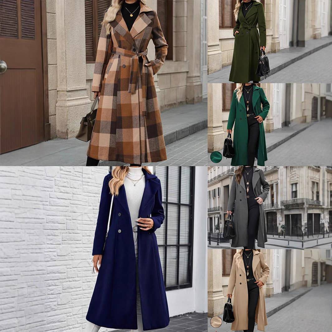 European and American Amazon Cross-border Foreign Trade New Lapel Wool Belted Double-breasted Long Coat Women's Trench Coat