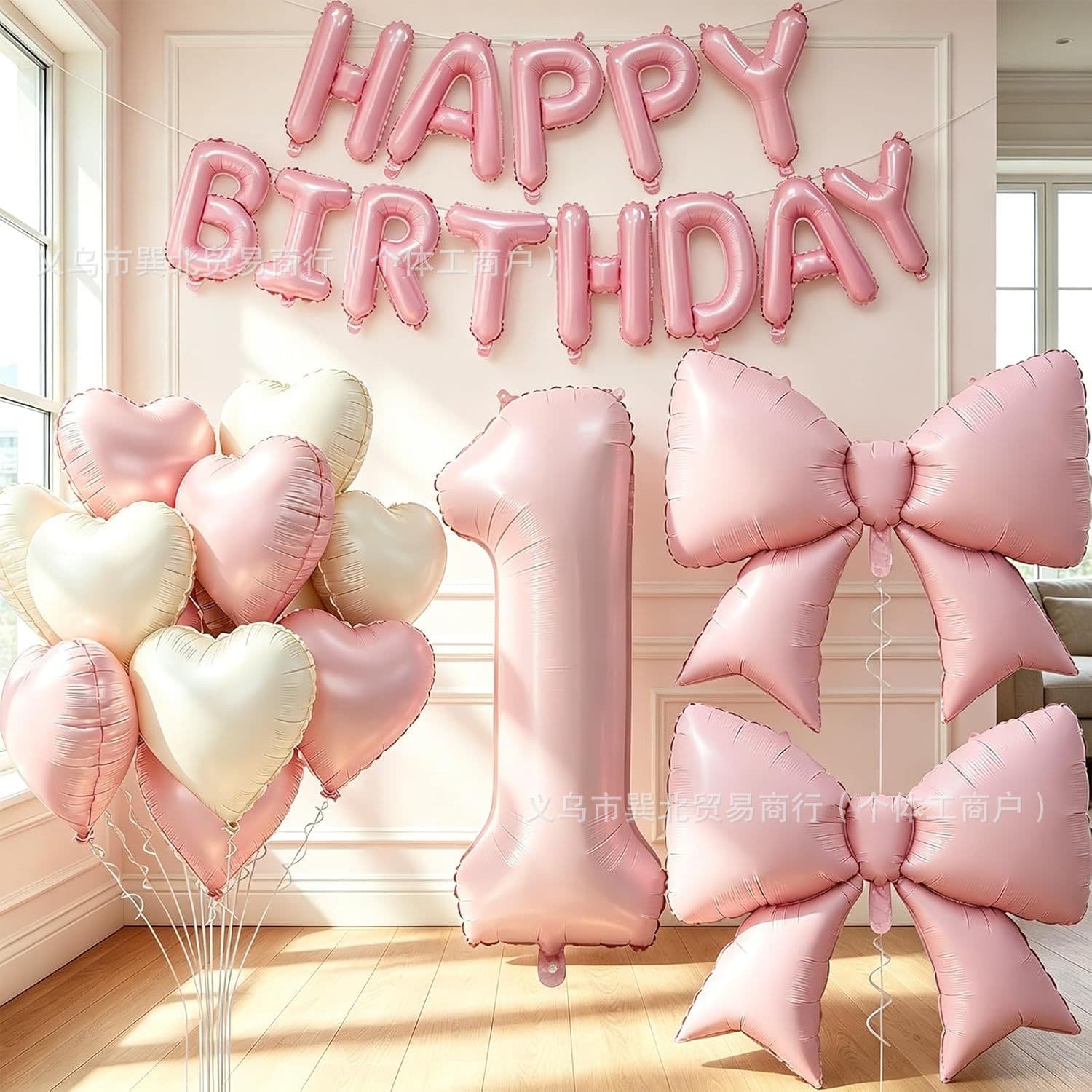 40-Inch Light Pink Birthday Number Balloon, Girl's First Birthday Party Scene Decoration, Bow and Heart Balloons