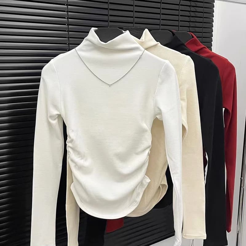 American shoulder half turtleneck German velvet bottoming shirt winter plush pleated waist design long-sleeved T-shirt for women