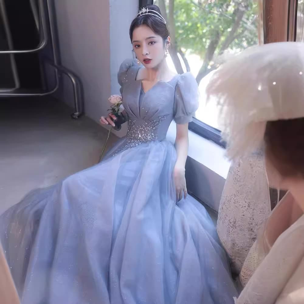 Blue Evening Dress for Women, Banquet Elegant 2025 New Fashion Art Exam Piano Adult Ceremony Host Performance Gown