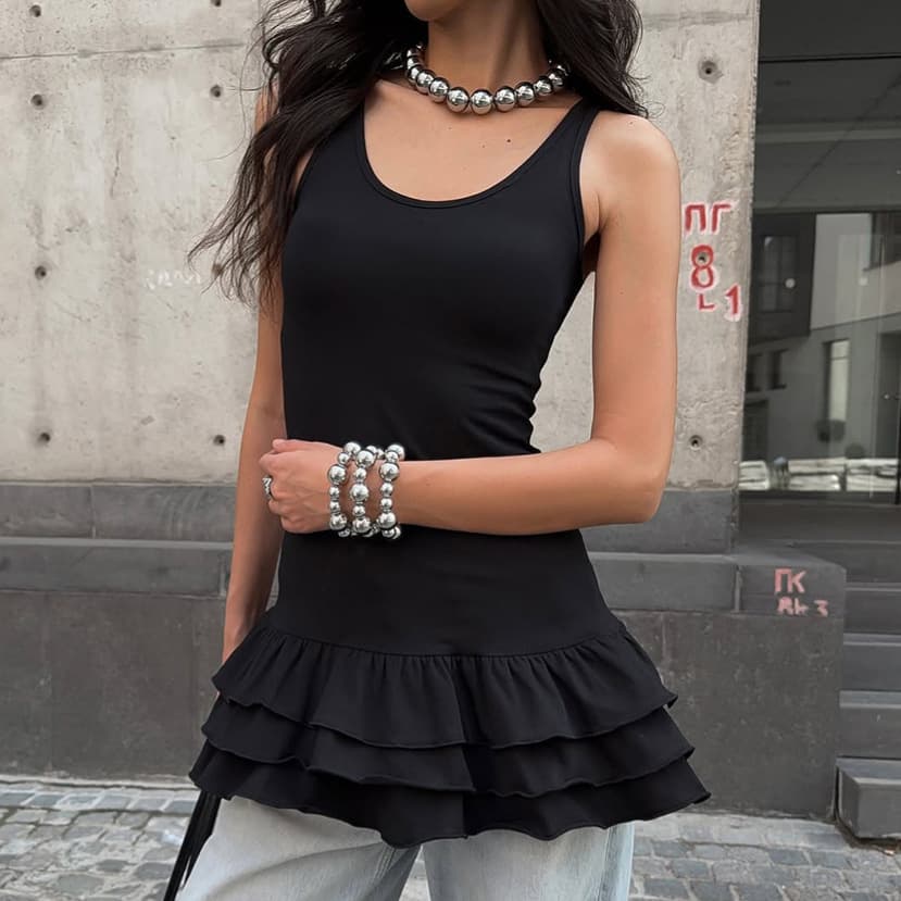 Edgy Black Medium-Length Sleeveless Vest, Pure and Versatile Fashionable Patchwork Puffy Outerwear, Commuter Women's Clothing