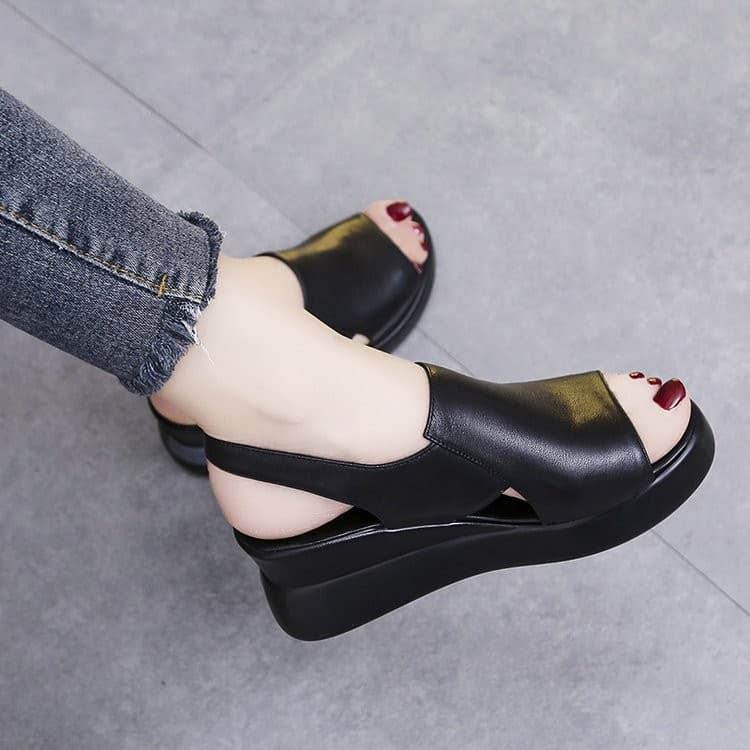 Women's Thick Platform Wedge Sandals 2025 New Summer High Heel Peep-Toe Shoes Soft Leather Elevated Chunky Heels