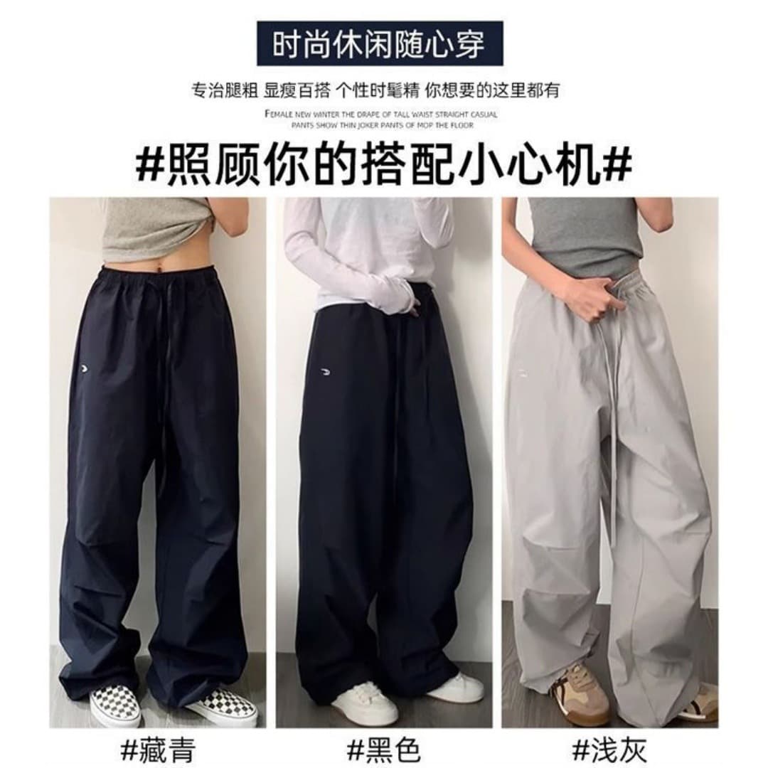 Black Pleated Utility Pants Women's Spring Summer Loose Cuffed Slimming Sweatpants Trendy Design Sexy Girl Wide Leg Trousers