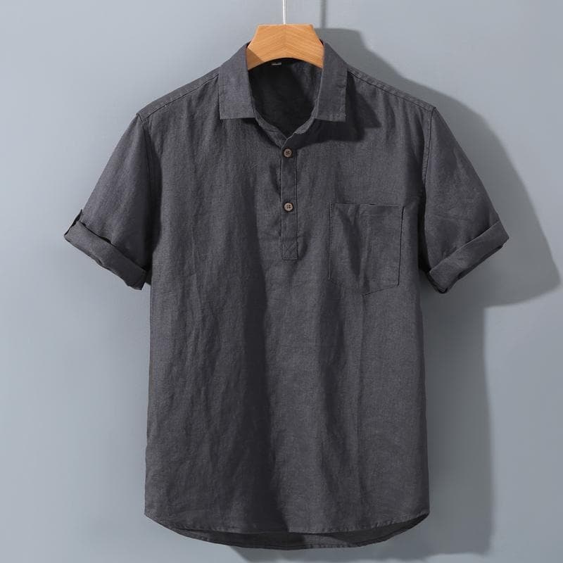 Men's Pure Linen Short Sleeve Shirt with Collar Casual Color Woven Full Linen Fabric T-Shirt