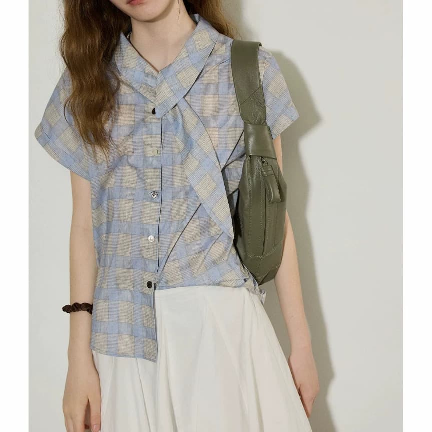 Tie Neck Contrast Plaid Design Short Sleeve Blouse Women's Summer New Premium Top
