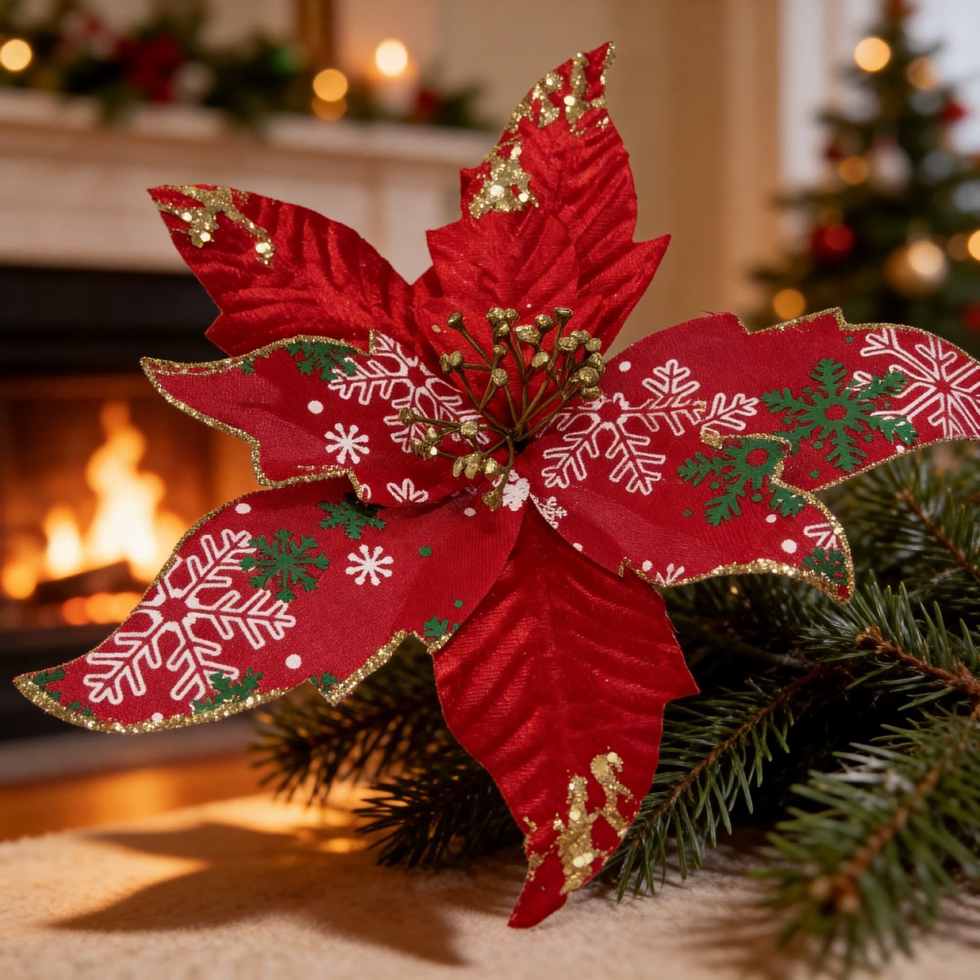 Factory Cross-Border Christmas Simulation Poinsettia Gold Powder Snowflake Print Fabric Christmas Flower Christmas Tree Decoration Branch