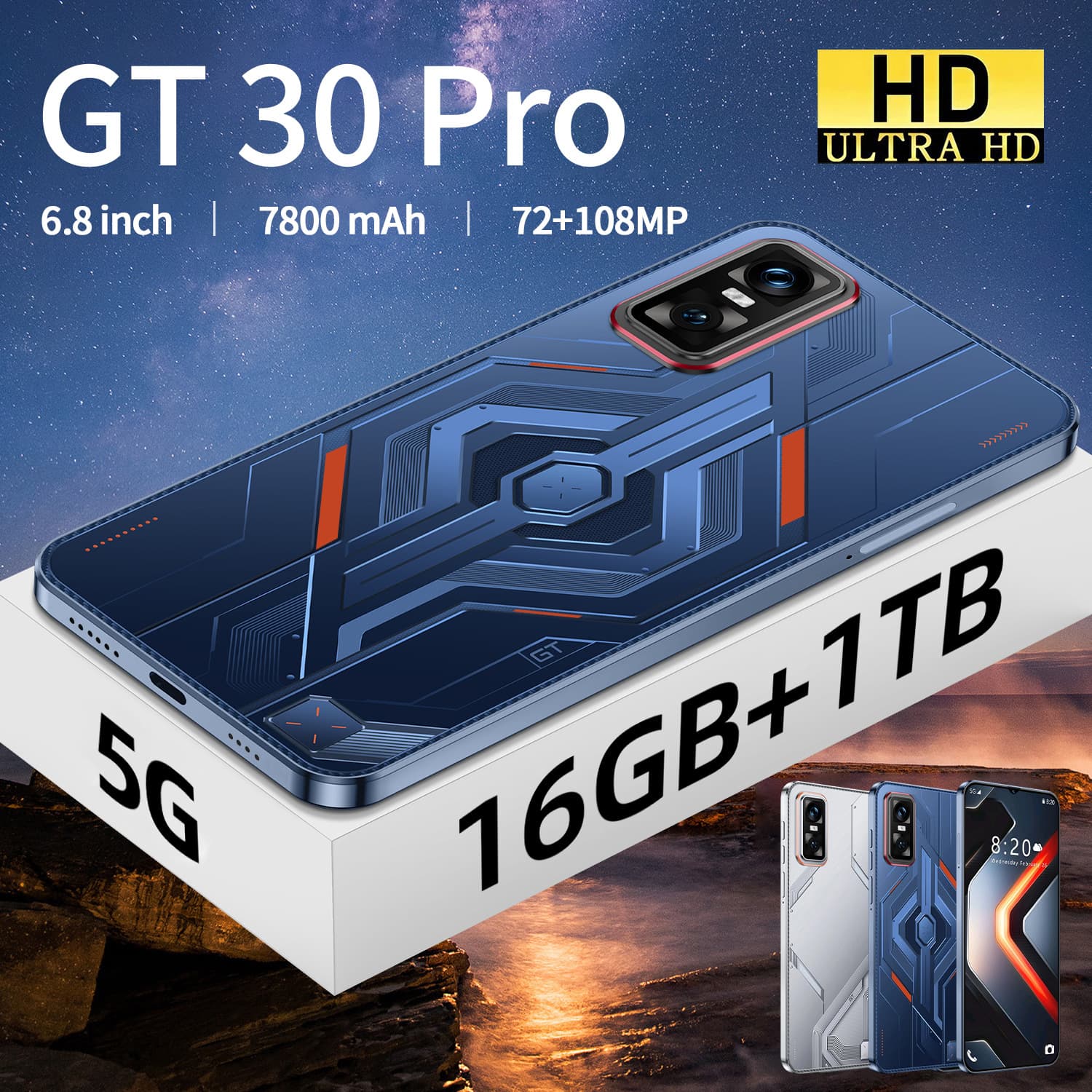 Gt30 Pro Cross-Border Mobile Phone 7.3inch Large Screen 16+1TB Android Foreign Trade Smartphone TK Hot-Selling Model in Southeast Asia