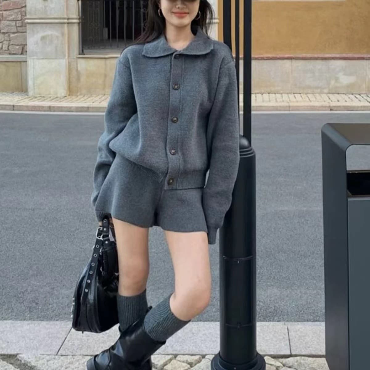 Autumn and Winter Outfit Set: Short Polo Collar Sweater and Jacket Two-Piece Set, Korean Drama Style Women's Fall Clothing