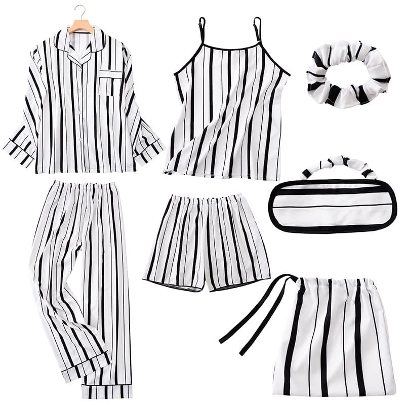 Factory Direct Supply Export Cotton-like Silk Seven-piece Set Pajamas Women Wearable Long Sleeve Long Pants Homewear Set 7