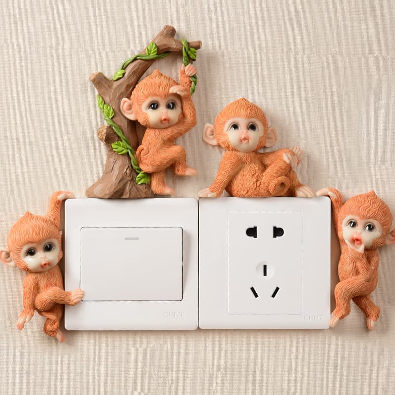 Cute Monkey 3D Double Switch Stickers, Wall Protectors, Living Room and Bedroom Resin Creative Personalized Monkey Decor