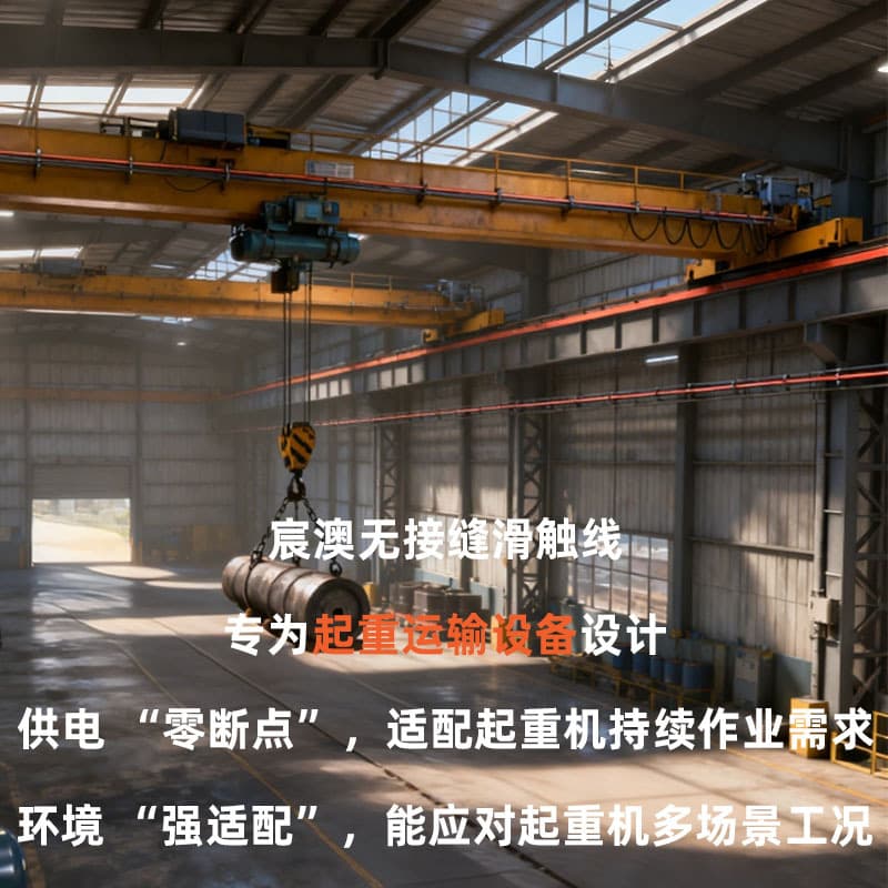 Seamless conductor rail for crane and transporter power supply, uninterrupted operation, wear-resistant copper core compatible with high loads
