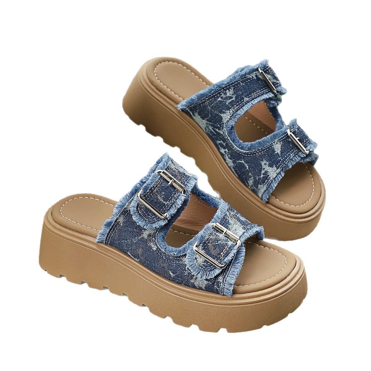 2026 New Fashion Plus Size Thick Sole Denim Belt Buckle Slip-On Leopard Print Outdoor Thick Sole Sandals