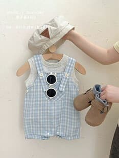 Korean Baby Summer Onesie Set Boy Girl Fashionable Cool Vest Baby Casual Plaid Strap Shorts