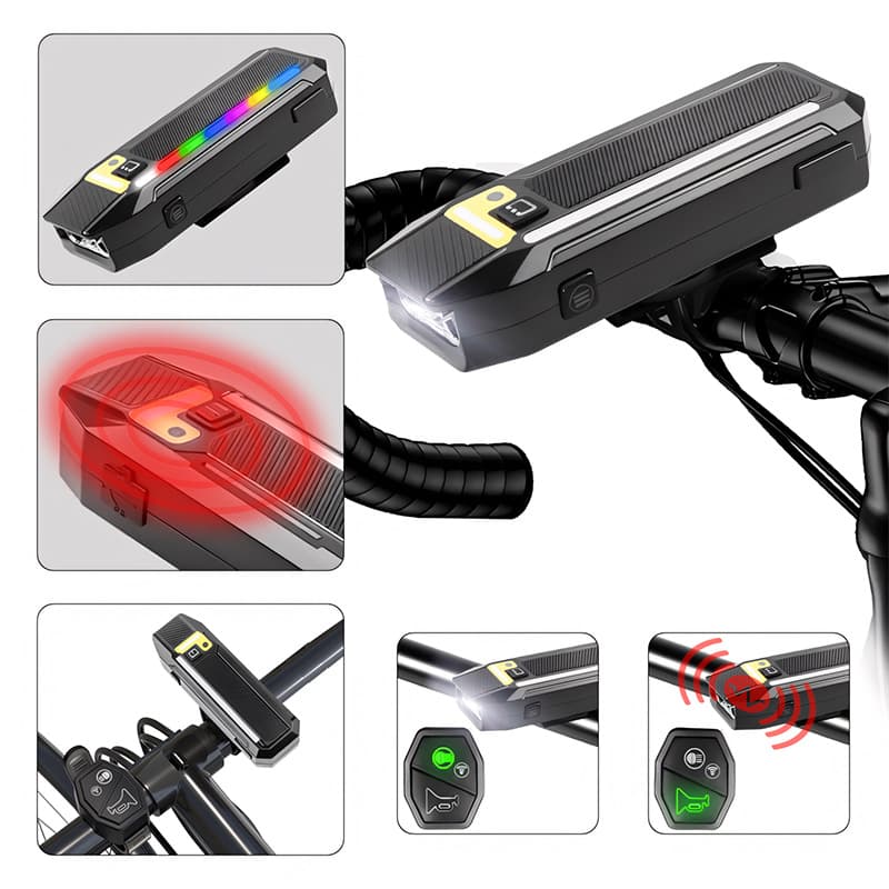 New Cross-border Night Smart Light-sensing LED Bike Light with Remote Control and Horn, USB Rechargeable, RGB Cycling Light for Night Riding