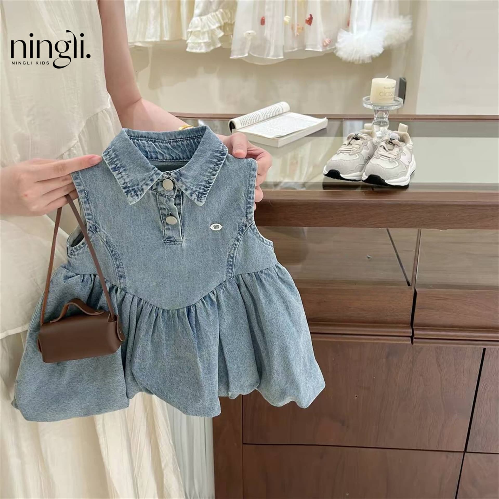 Ningli Korean-style Girls Summer Sleeveless Dress Bubble Skirt Fashionable Puffy Dress Denim Skirt Trendy