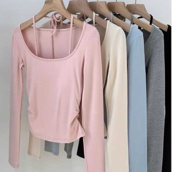 5195# Women's Autumn/Winter Brushed Elastic Slim Fit Long-Sleeve T-Shirt with Halter Neck Design and Padded Chest