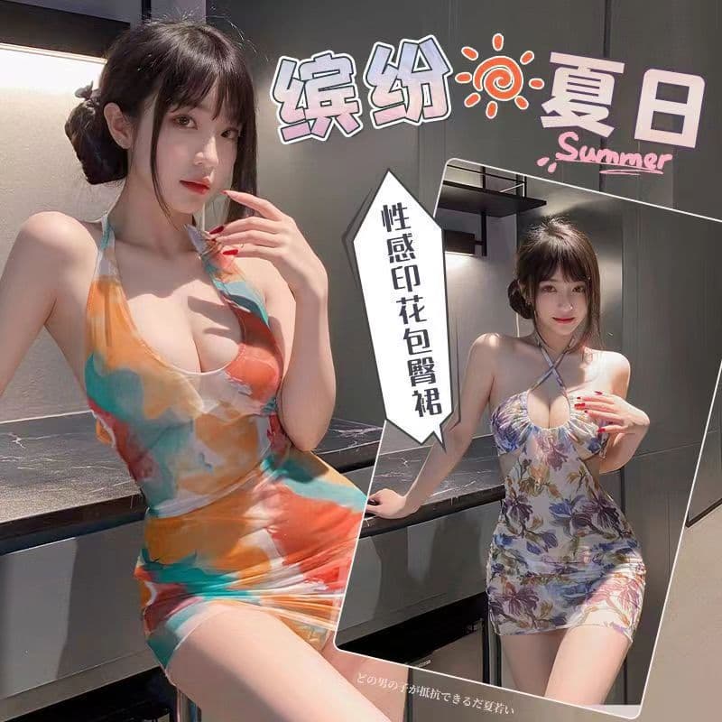 Shimeisha: Deep U Neckline Sheer Print Bodycon Lingerie Dress Summer Sexy Backless Dress