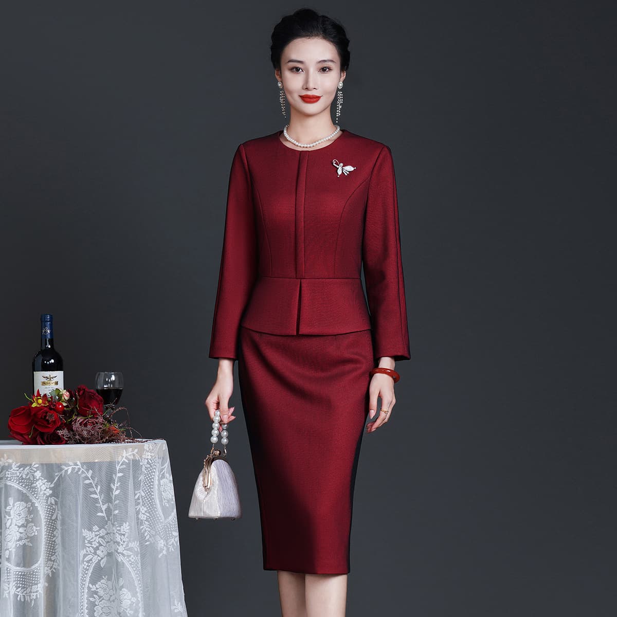 Two-Piece Look Wedding Banquet Mother's Dress Autumn/Winter Long Sleeve Dress, Mother-in-Law's Modified Cheongsam