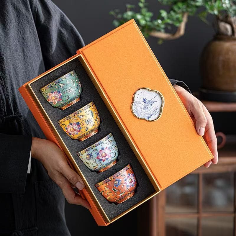 Enamel Master Cup, Ceramic Gongfu Tea Single Cup, Jian Zhan Personal Tasting Cup with Filigree Palace Design