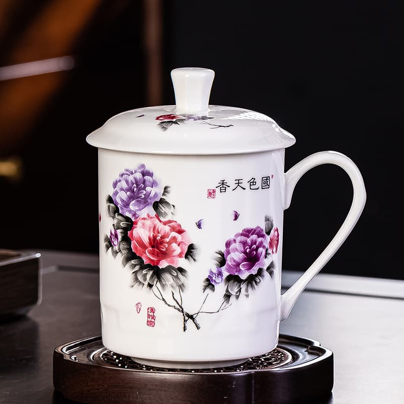 Jingdezhen Ceramic Tea Cup with Lid Bone China Water Cup Blue and White Porcelain Meeting Gift Office Cup Customizable Pattern