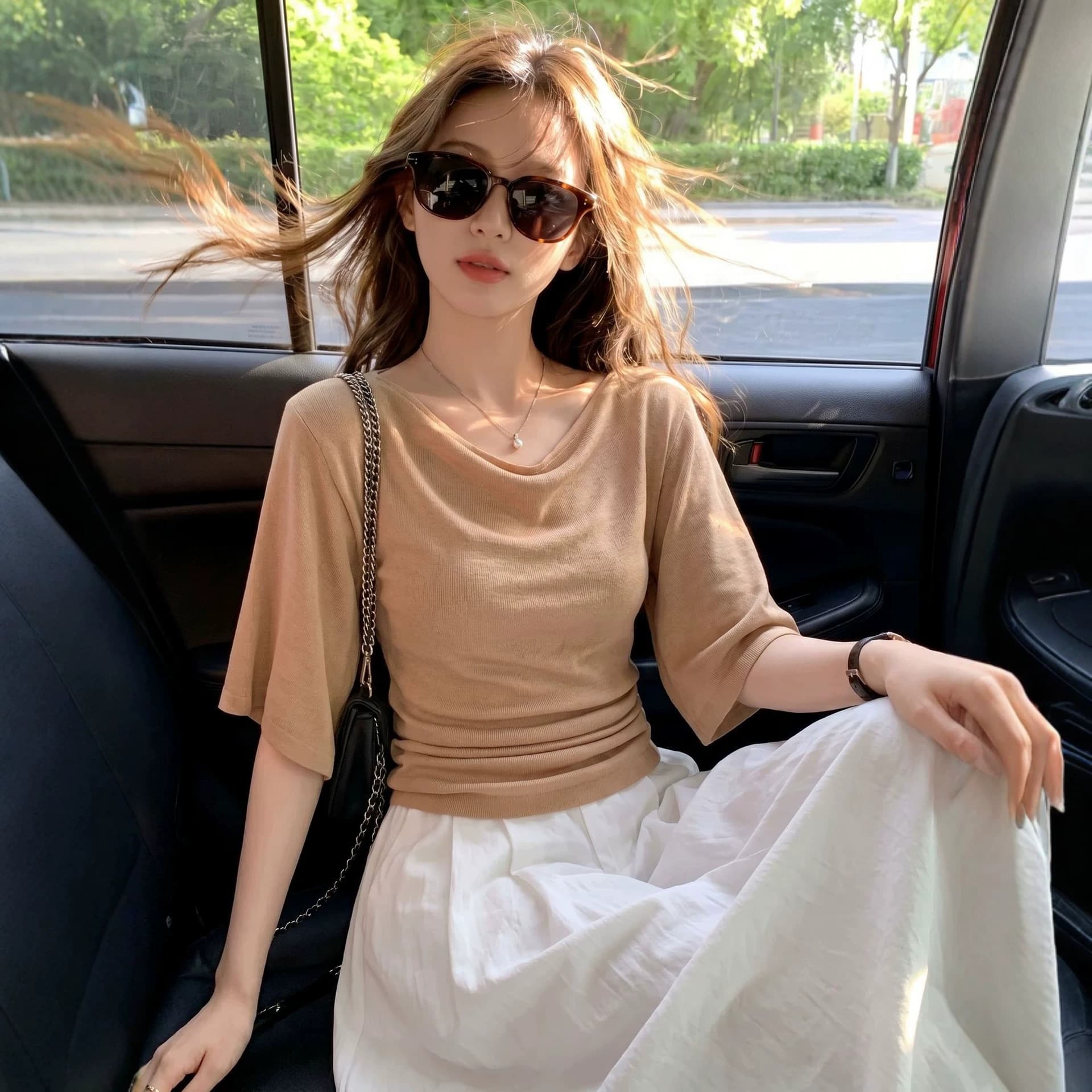 French Luxury Stunning Coffee Pink Draped Neck Three-Quarter Sleeve Knit Top Women's Summer New Versatile Slim Fit Top