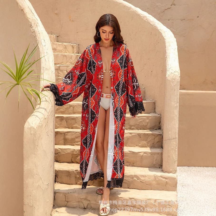 Paisley Exotic Lace Trim Kimono Cardigan Bohemian Beach Satin Drape Fabric Casual Cover-Up